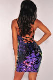 Embroidered sequin suspender sexy short skirt with deep V back strap nightclub party dress