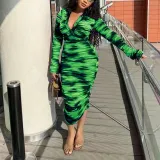 Printed Fashion Casual Pleated Long Sleeve Slim Fit Style Long Dress