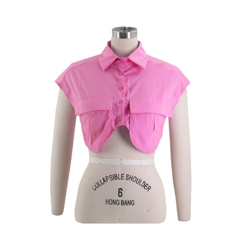 Sexy Solid Pocket Panel Irregular Loose Single breasted Cardigan Polo Neck Shirt