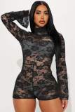 Floral lace elastic micro flared sleeves sexy jumpsuit