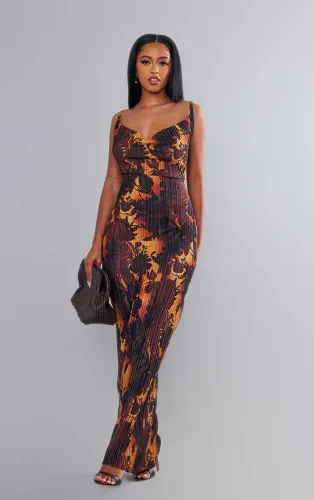 Printed Pleated Slim Slim Slim Slim Slim Strap Dress for Women