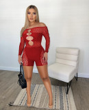 Thread mesh pearl buckle off shoulder sexy jumpsuit shorts