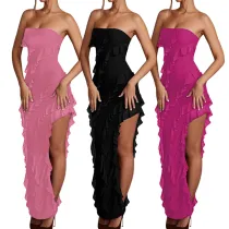 Chest Wrapped Ruffle Edge Tassel Split Style Dress