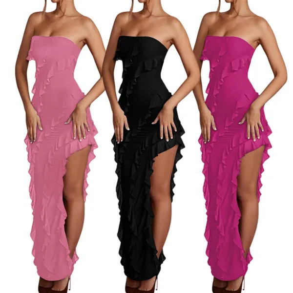Chest Wrapped Ruffle Edge Tassel Split Style Dress