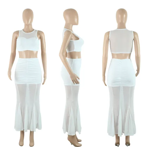 Mesh patchwork short top sexy wrap buttocks fish tail half skirt set