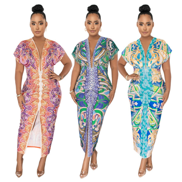 Printed V-neck ethnic style slit positioning pleated dress