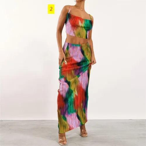 Printed Pleated Two Piece Slim Fit Long Dress Set for Women