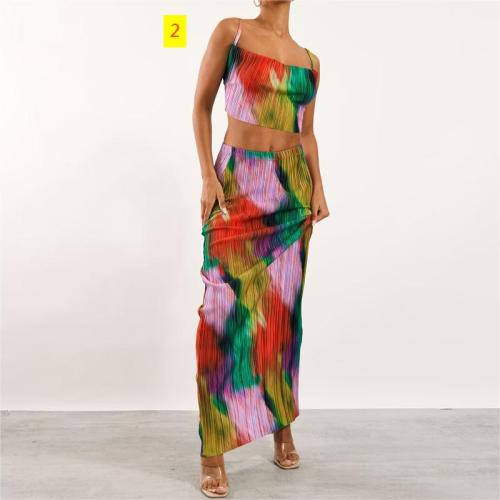 Printed Pleated Two Piece Slim Fit Long Dress Set for Women