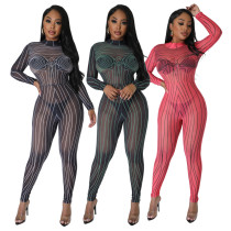 Round neck fashionable printing perspective mesh nightclub sexy jumpsuit