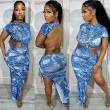 Fashionable denim printed strap with a large open back sexy dress