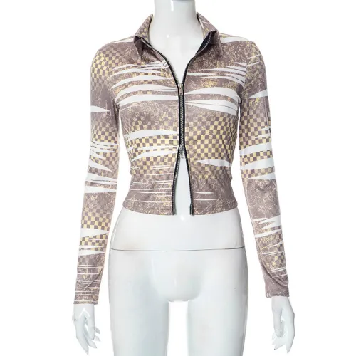 Printed Fashion Lapel Double Zip Long Sleeve Tight Top