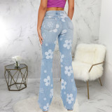 Fashion trend printed denim stretch slim flared pants