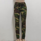 Fashion slim fitting camouflage printed distressed casual pants