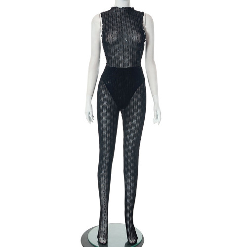 Mesh hem sleeveless jumpsuit with stockings and pants casual set