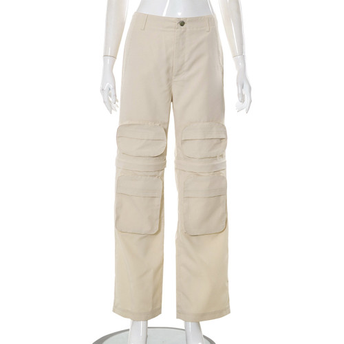 Solid color patch pocket zipper detachable leg casual workwear pants
