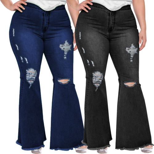 Fashion Slim Fit Wide Leg Perforated Plus Size Fat MM Flare Jeans