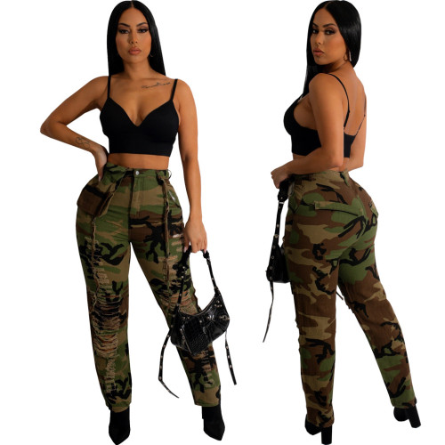 Fashion slim fitting camouflage printed distressed casual pants