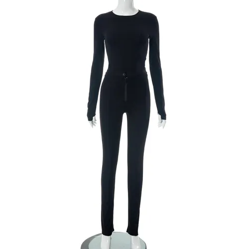Tight fitting long sleeved top with zipper button pants casual set
