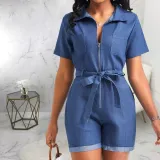 Fashion versatile casual denim jumpsuit shorts with belt