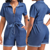 Fashion versatile casual denim jumpsuit shorts with belt