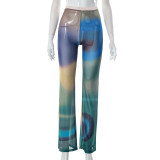Positioning printed mesh perspective pants loose casual pants
