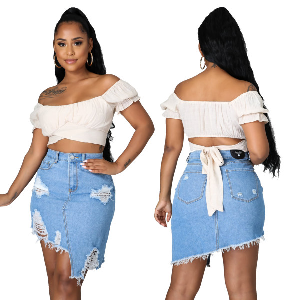 Sexy trend with holes and irregular straight denim skirt