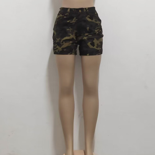 Fashionable slim fitting trend stretch camouflage denim shorts