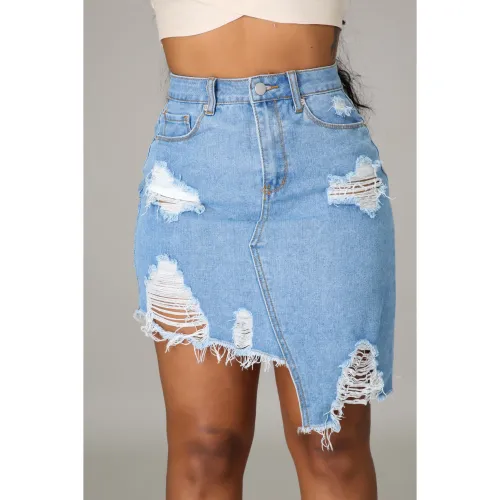Sexy trend with holes and irregular straight denim skirt