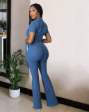 Sexy and fashionable short sleeved denim jumpsuit jumpsuit flared pants
