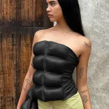 Solid color chest wrap tight cotton suit PU leather top