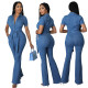 Sexy and fashionable short sleeved denim jumpsuit jumpsuit flared pants