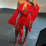 Fashion Hanging Neck Open Back Sexy Spicy Girl Flare Sleeve Irregular Strap Dress