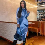 Casual denim printed round neck long sleeved slim fitting basic dress