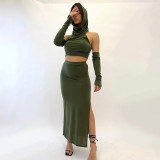 Solid casual long sleeved round neck hooded top slim fitting long skirt set