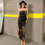 Casual Character Print Sleeveless Slim Fit Split Bra Long Dress