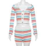 Fashion Polo Collar Cardigan Button Long Sleeve Stripe Contrast Tight Shorts Knit Set