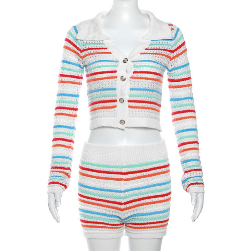 Fashion Polo Collar Cardigan Button Long Sleeve Stripe Contrast Tight Shorts Knit Set