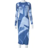 Casual denim printed round neck long sleeved slim fitting basic dress