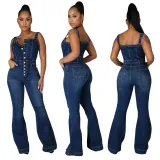 Women's fashion casual sexy shoulder straps denim jumpsuit wide leg pants