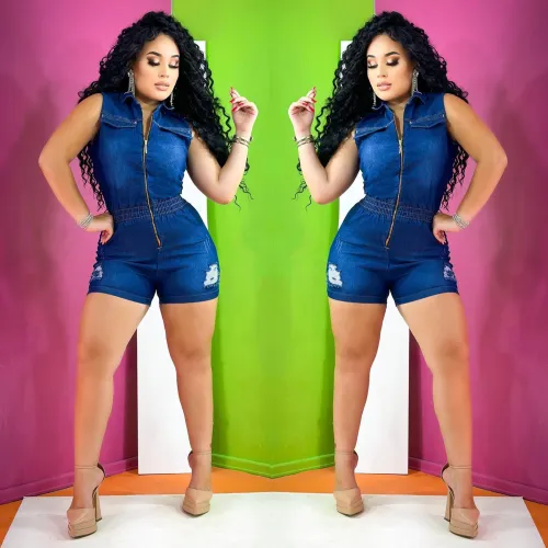 Denim Slim Fit Slim Jumpsuit with White Perforated Zipper Jumpsuit