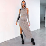 Solid casual long sleeved round neck hooded top slim fitting long skirt set