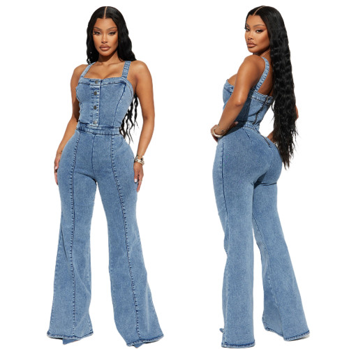 Women's fashion casual sexy shoulder straps denim jumpsuit wide leg pants flared pants