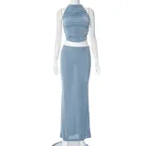 Solid casual sleeveless open back help vest slimming long dress set