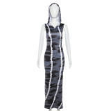 Fashion Hooded Sleeveless Head Abstract Printed Slim Fit Dress
