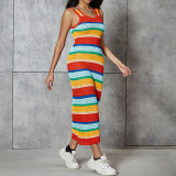Knitted Skirt Contrast Color Fashion Sexy Hollow out Slim Fit Sleeveless Long Dress