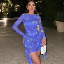 Long sleeved ribbon fashion tie dyed printed pleated buttock wrap dress