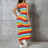 Knitted Skirt Contrast Color Fashion Sexy Hollow out Slim Fit Sleeveless Long Dress