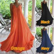 Orange V-neck Dress Large Strap Dress