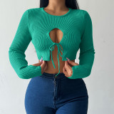 Knitted basic round neck hollowed out long sleeved top