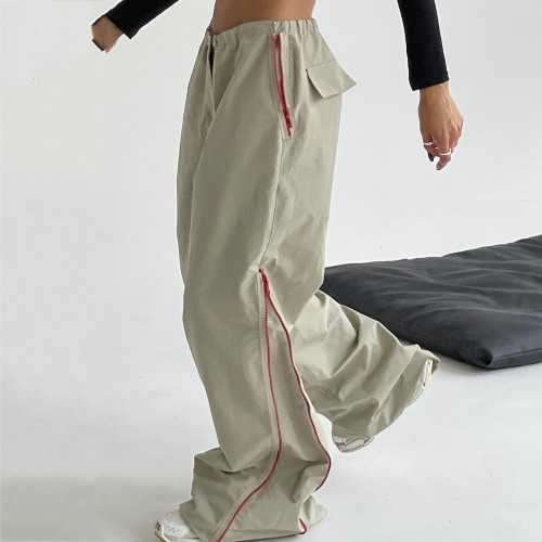 Contrast color zipper floor mop flared pants Thin loose casual wide leg straight leg pants